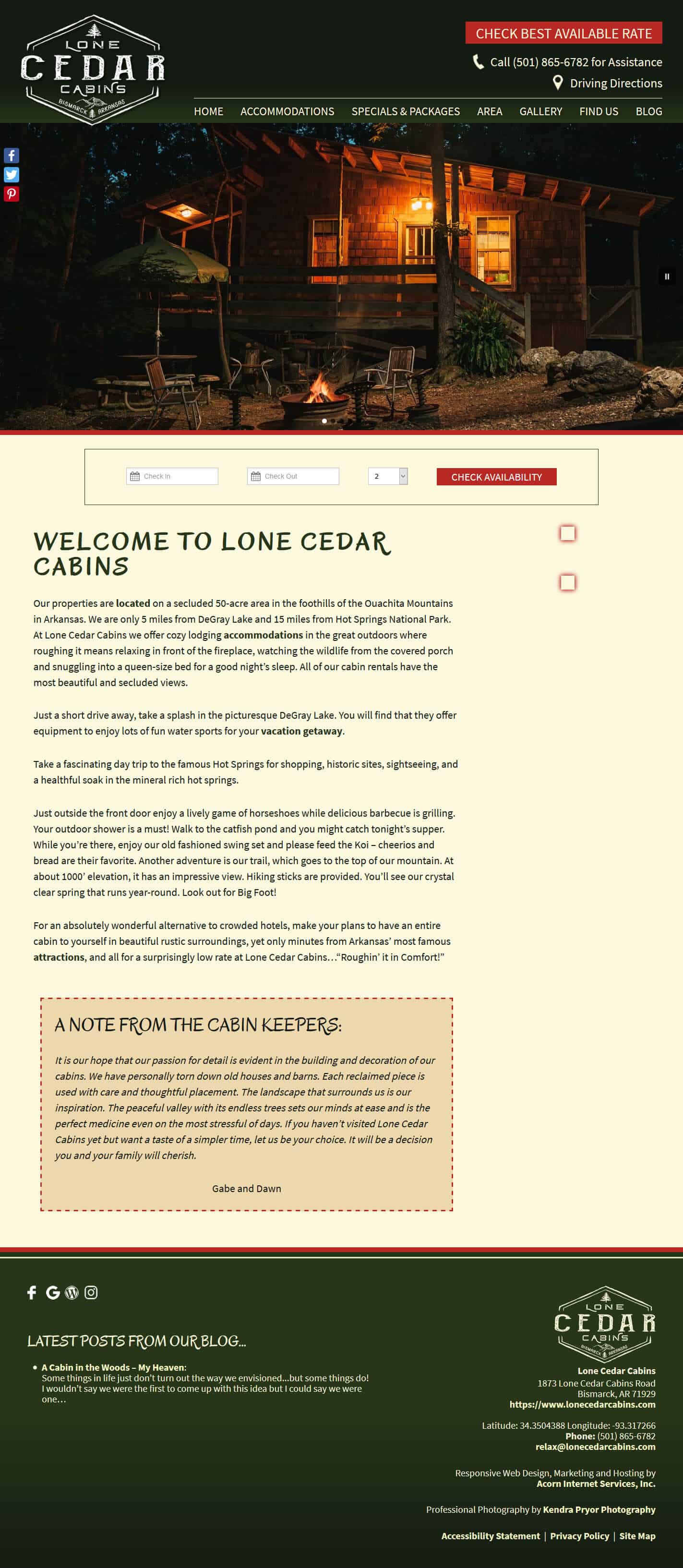 Lone Cedar Cabins' website home page 