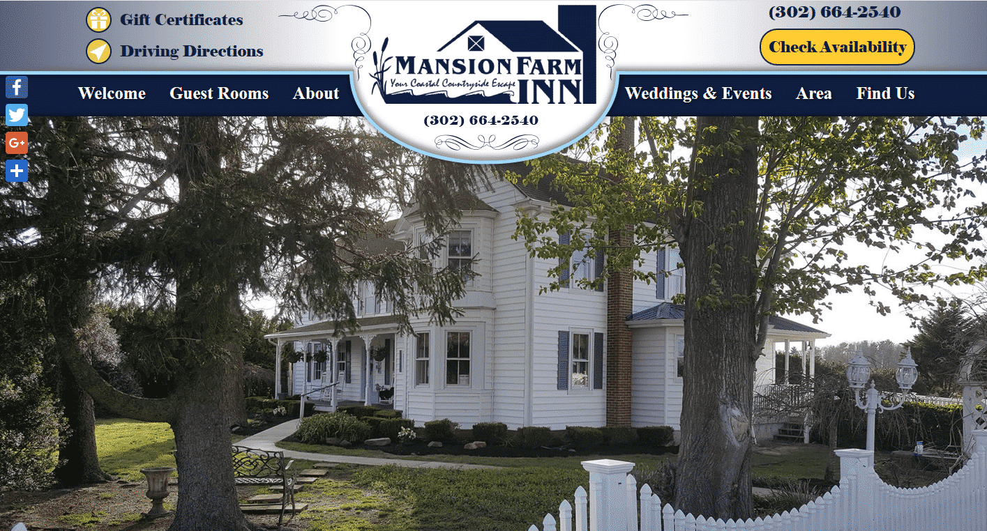 Screenshot of website home page for Mansion Farm Inn in Milton, DE