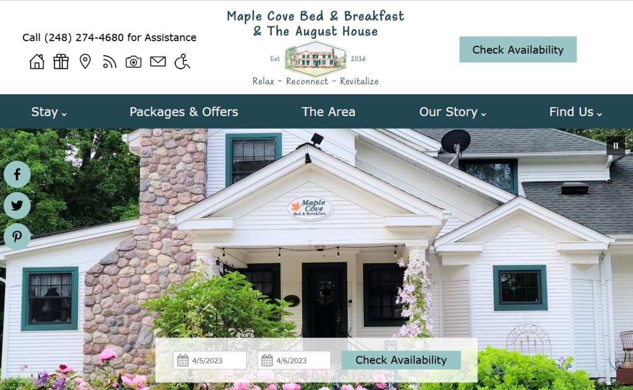 Above the fold screenshot for Maple Cove Bed & Breakfast in Leonard, MI - Acorn Marketing Standard Design