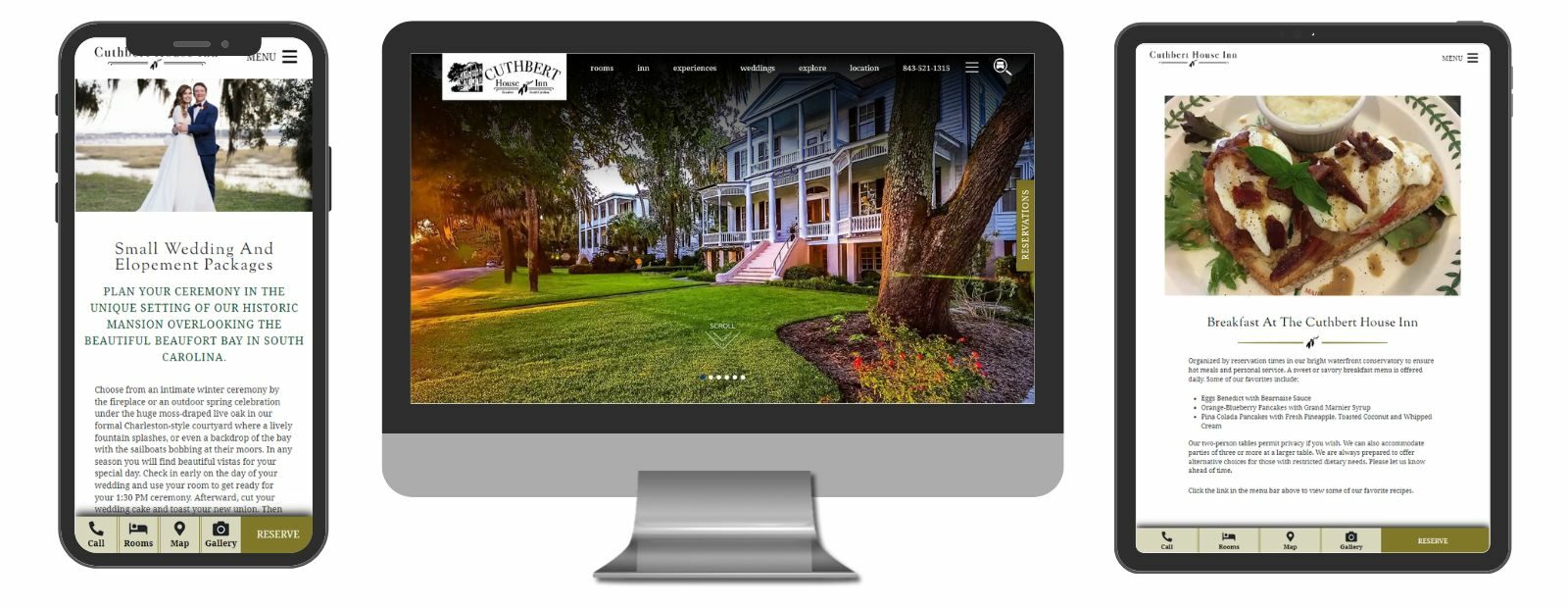 Screenshot of Desktop, Mobile and tablet views of the website for Cuthbert House Inn