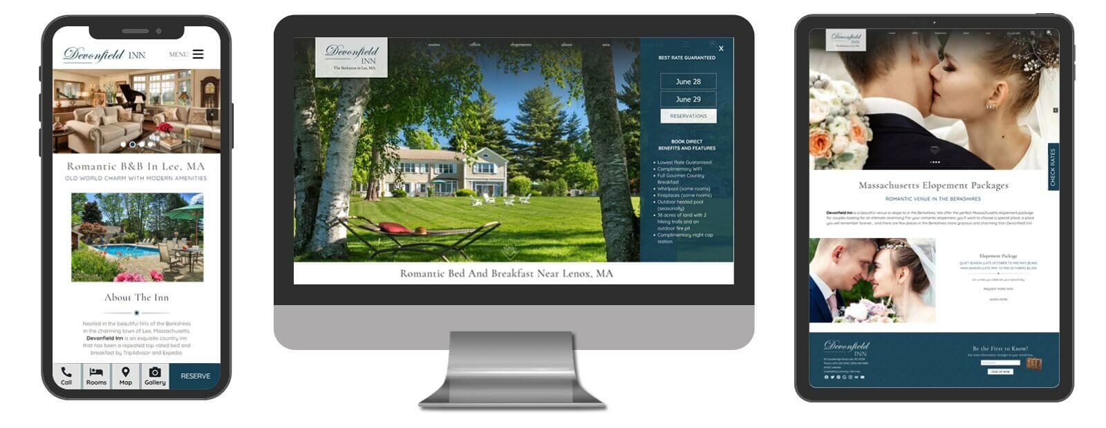Screenshot of Desktop, Mobile and tablet views of the website for Devonfield Inn website
