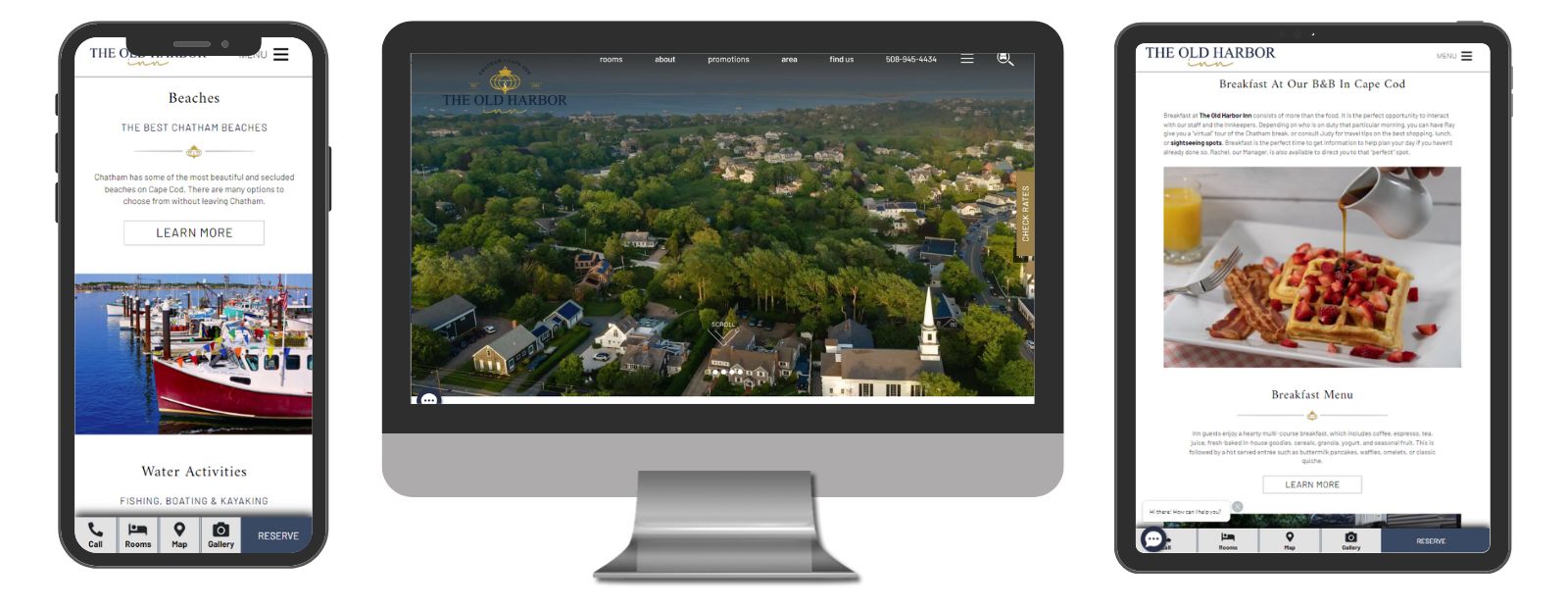 Screenshot of Desktop, Mobile and tablet views of the website for Old Harbor Inn