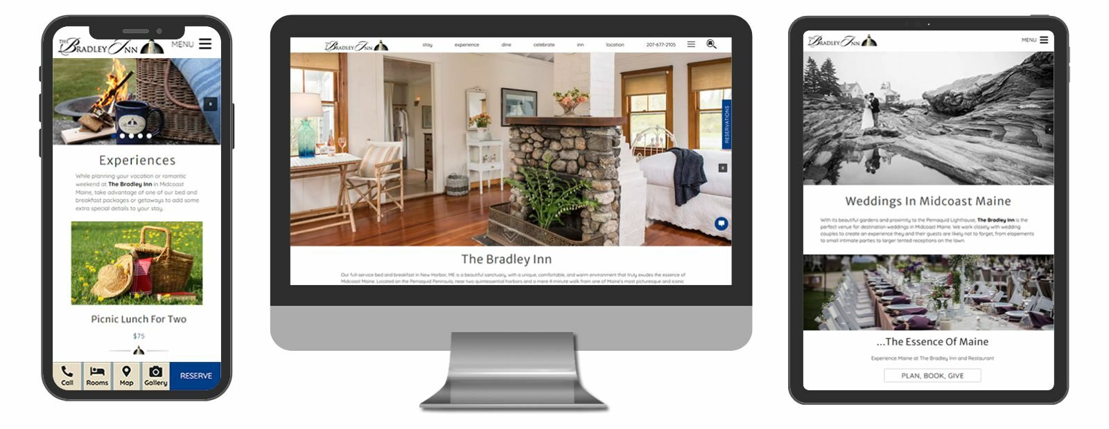 Screenshot of Desktop, Mobile and tablet views of The Bradley Inn, an Acorn Premium design