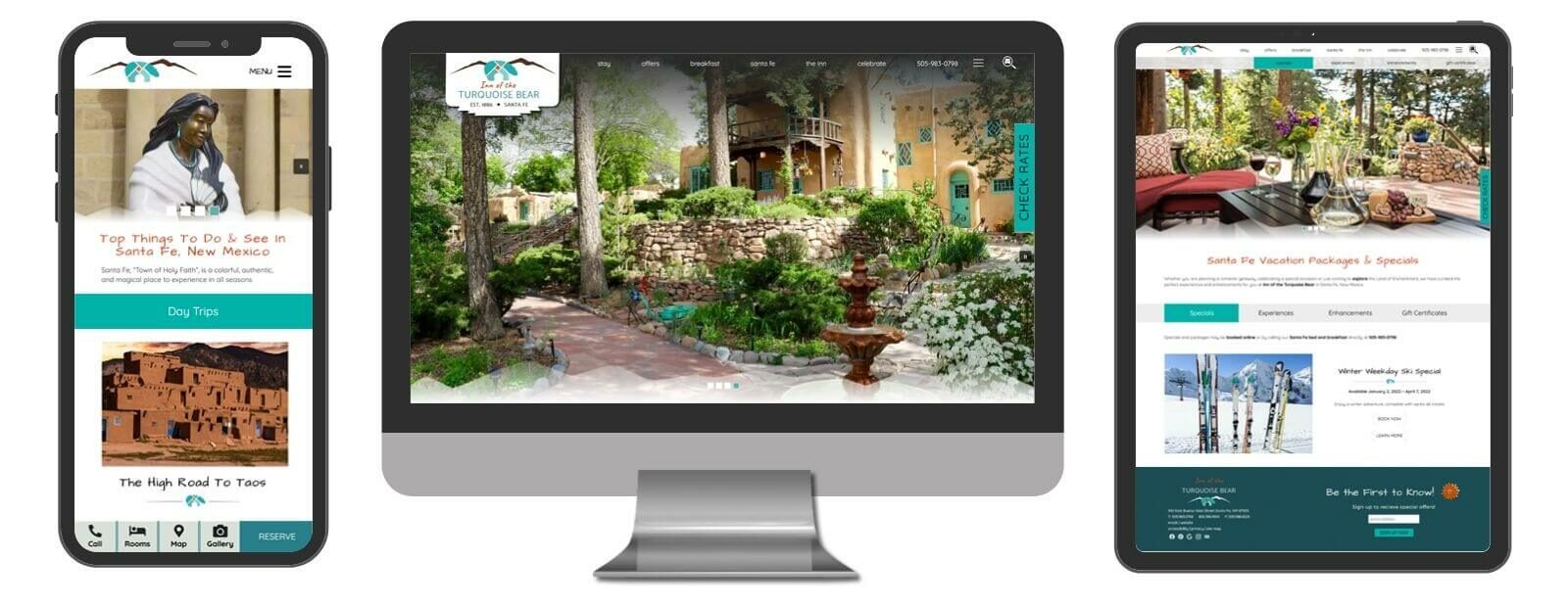 Inn of the Turquoise Bear - Premium website design displayed in 3 sizes - mobile, template and desktop