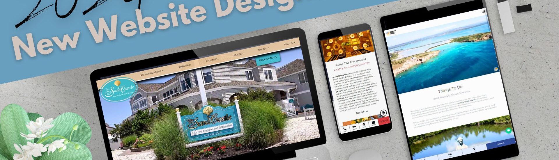 Website Designs on Desktop, Tablet and phone, with wording about New 2024 website designs