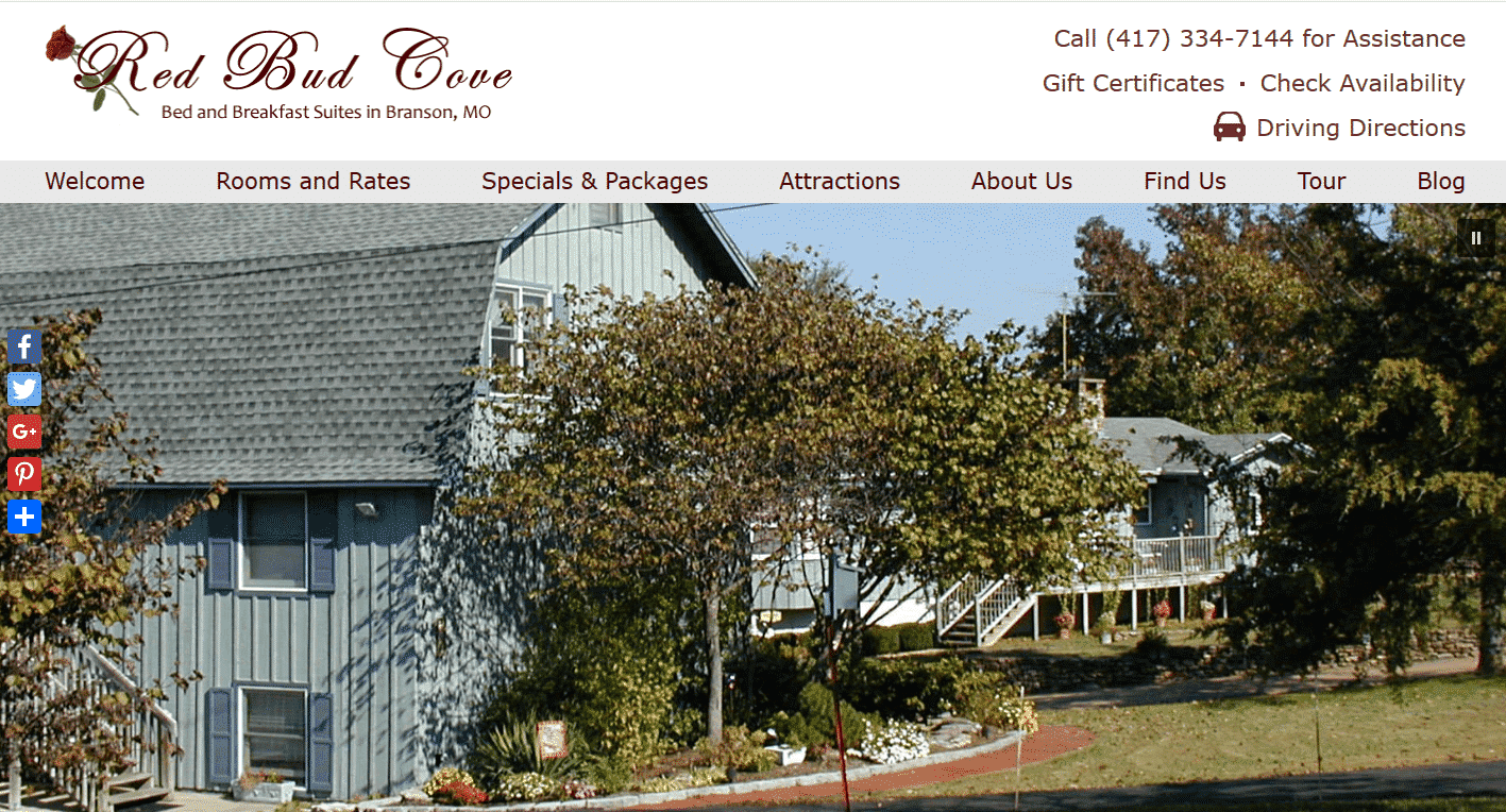 Screencap of the home page of Red Bud Cove Bed and Breakfast Suites