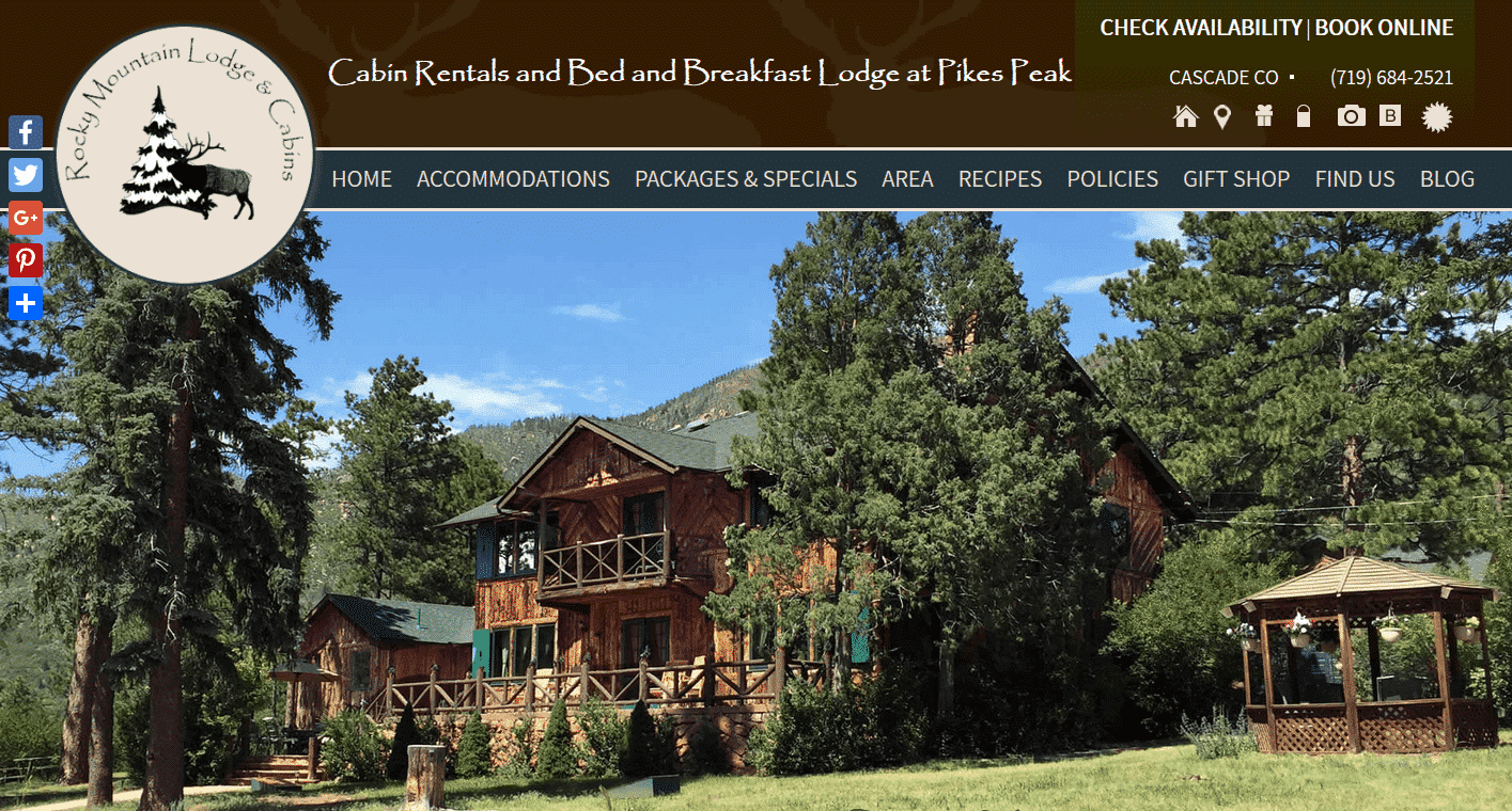 Screenshot of website home page for Rocky Mountain Lodge and Cabins in Cascade, CO