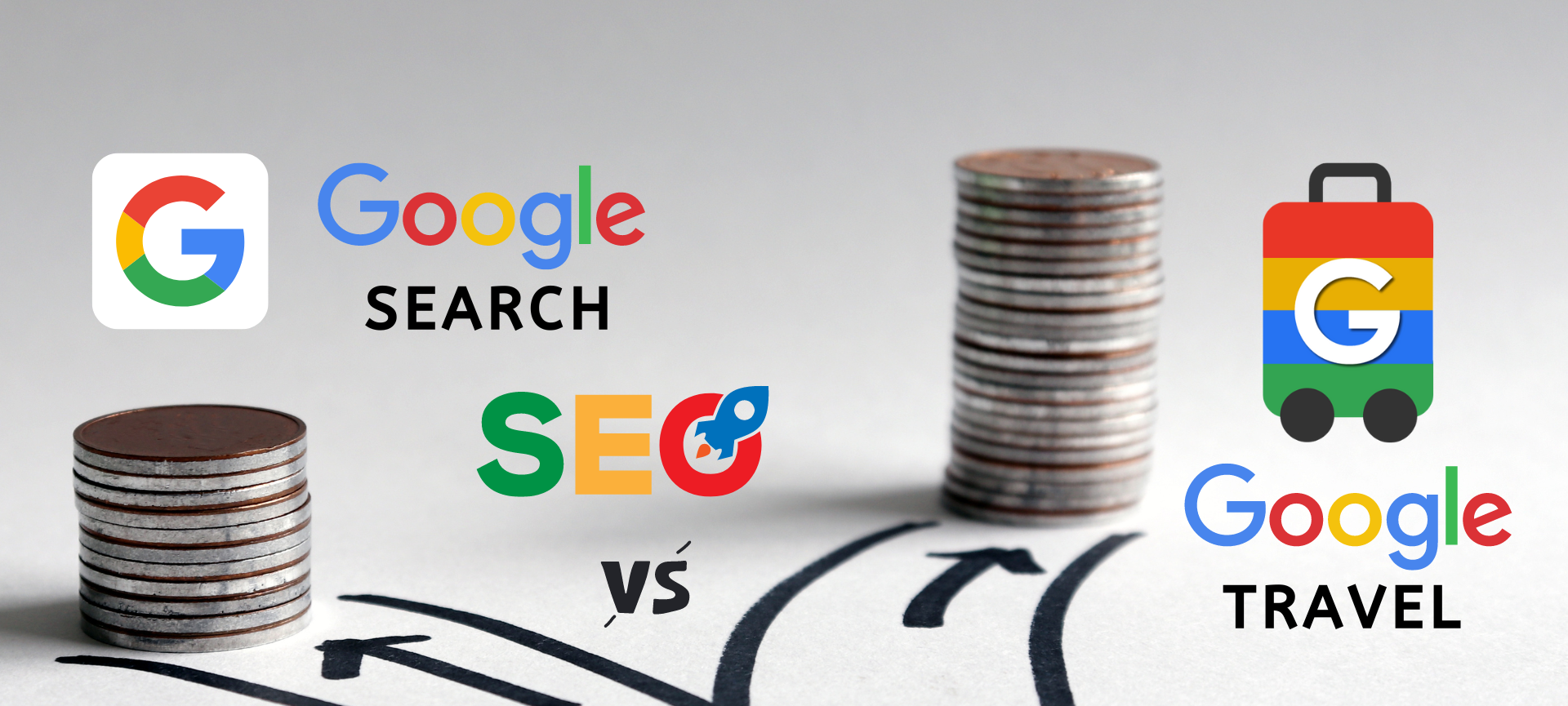 stacks of coins and a road splitting for google search vs travel