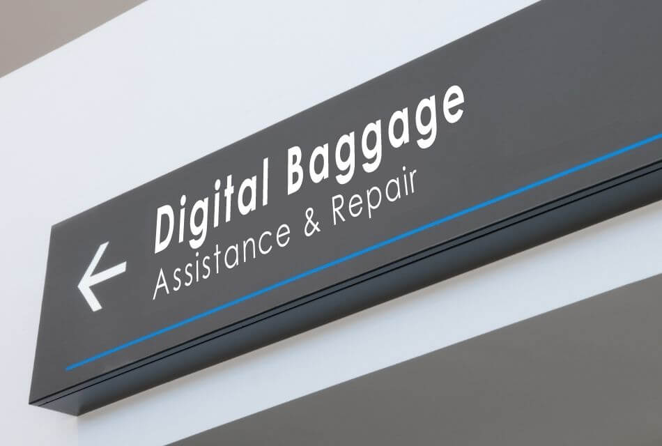 Baggage claim sign in airport with the words Digital Baggage Assistance and Repair