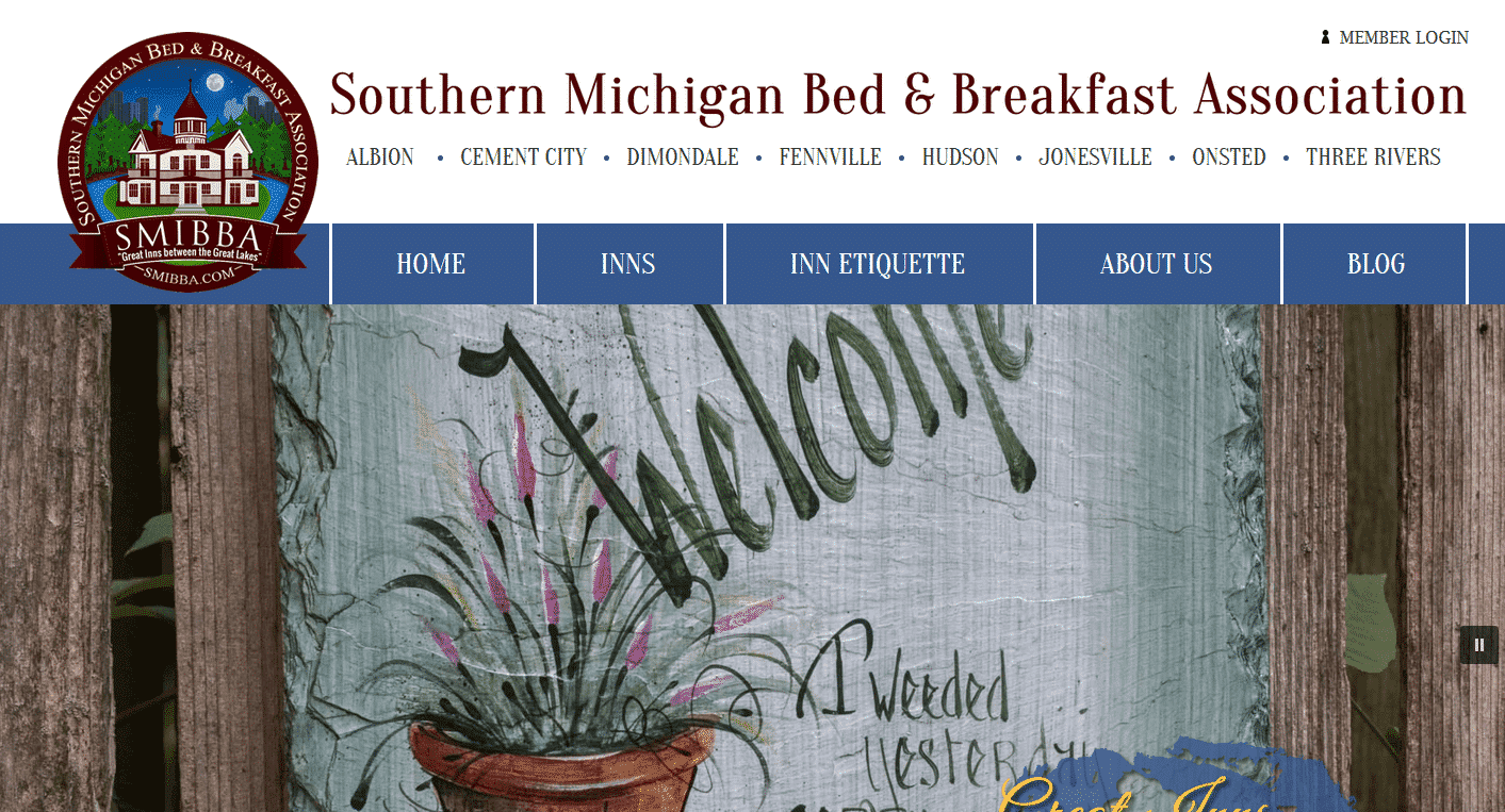 Home page of the Southern Michigan Inns association website 