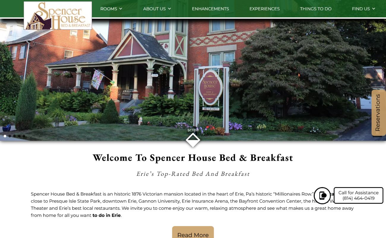 Above the fold screenshot for Spencer House Bed & Breakfast in Erie, PA - Acorn Marketing Standard Design