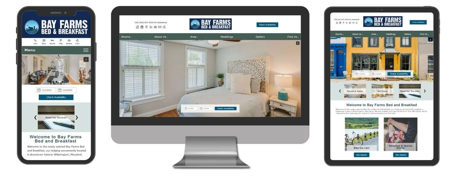 Bay Farms Bed and Breakfast website displayed in 3 sizes - mobile, template and desktop