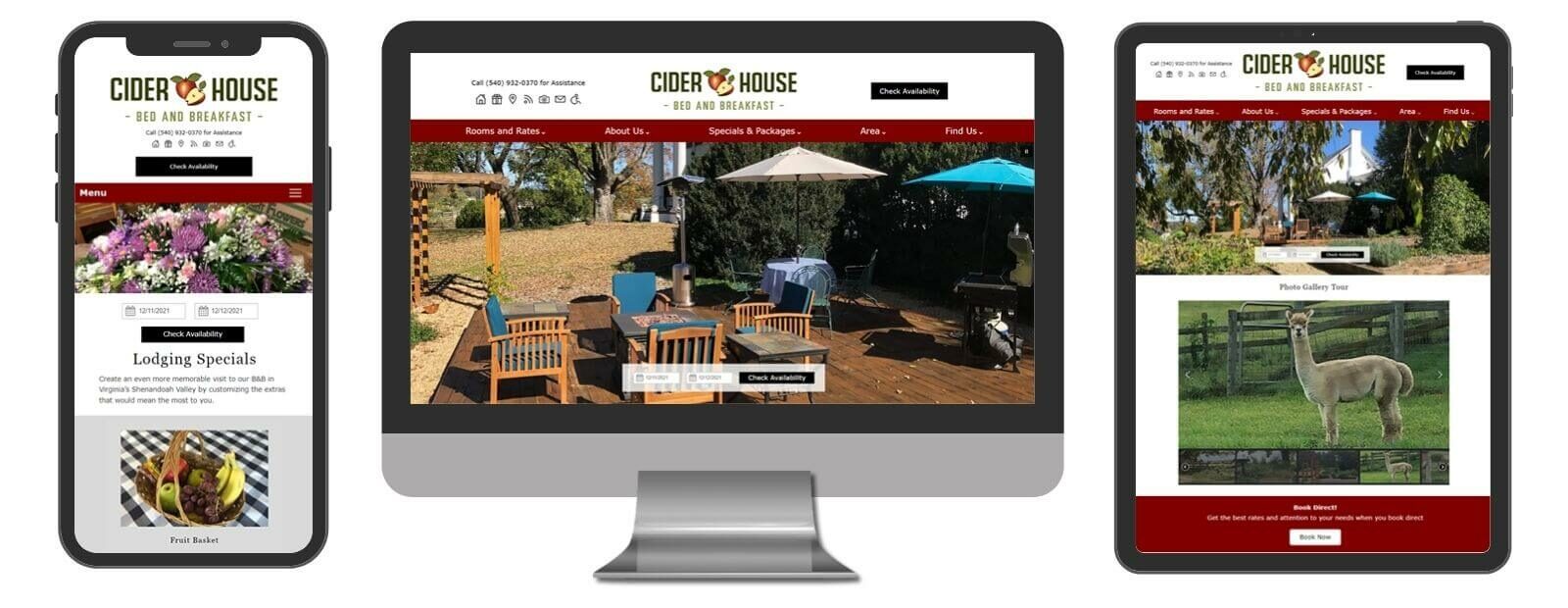 Cider House Bed and Breakfast displayed in 3 sizes - mobile, template and desktop