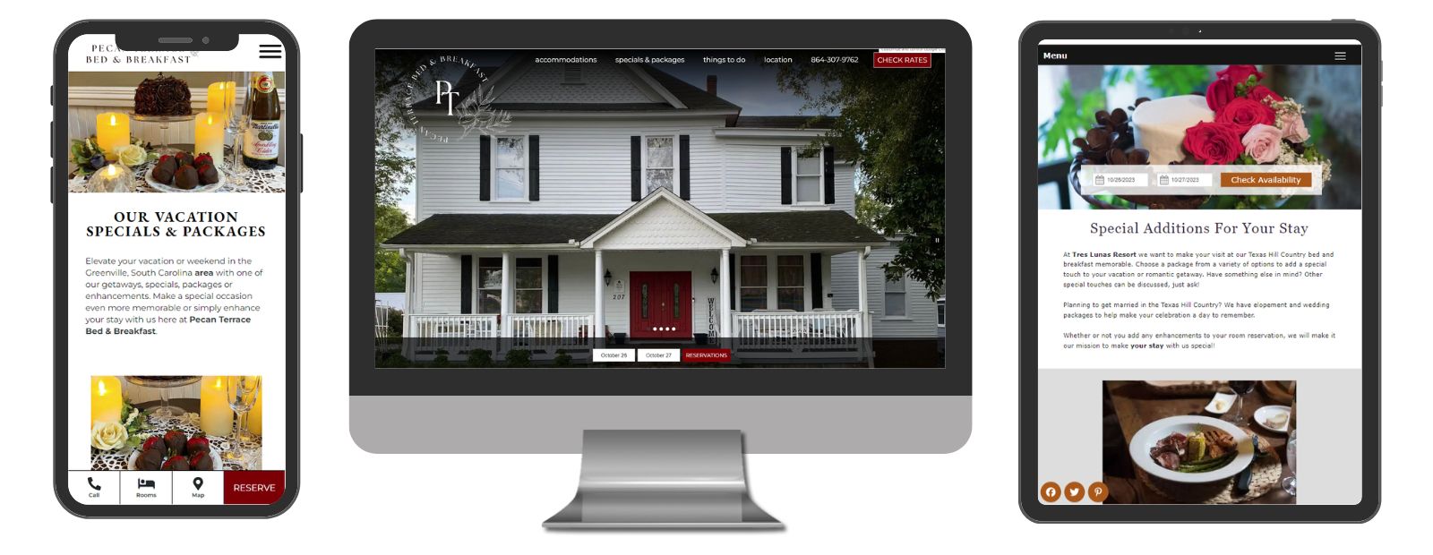 Mobile, template and desktop view of new website for Pecan Terrace Bed & Breakfast