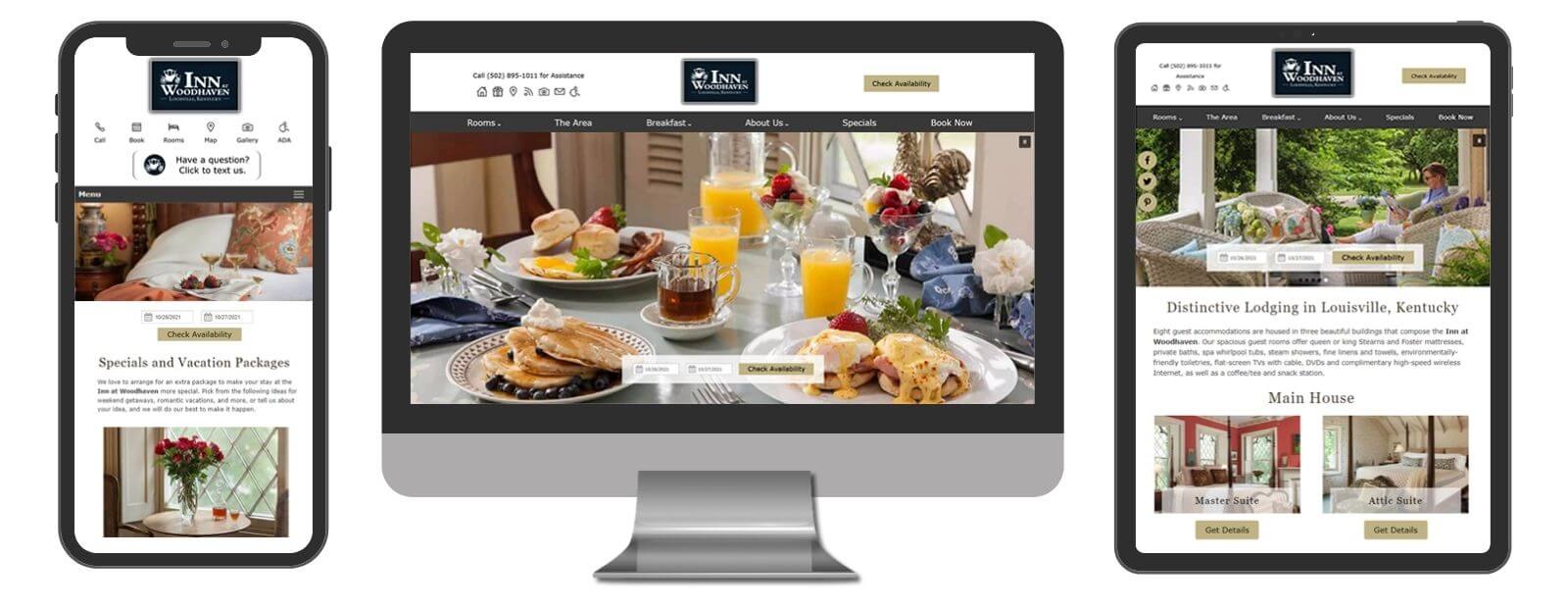 Inn at Woodhaven website displayed in 3 sizes - mobile, template and desktop