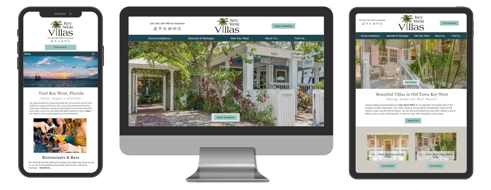 Key West Villas website displayed in 3 sizes - mobile, template and desktop