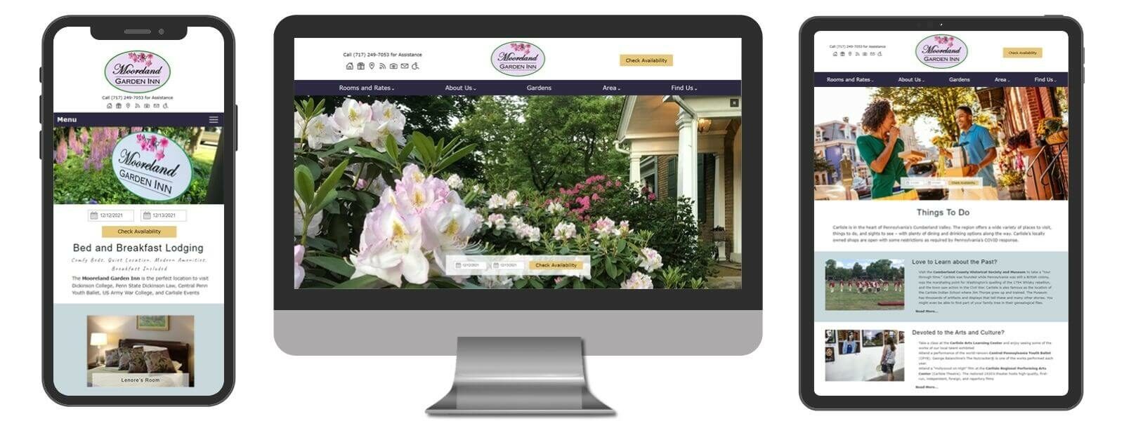 Mooreland Garden Inn website displayed in 3 sizes - mobile, template and desktop