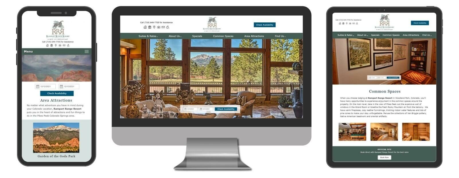 Rampart Range Resort website displayed in 3 sizes - mobile, template and desktop