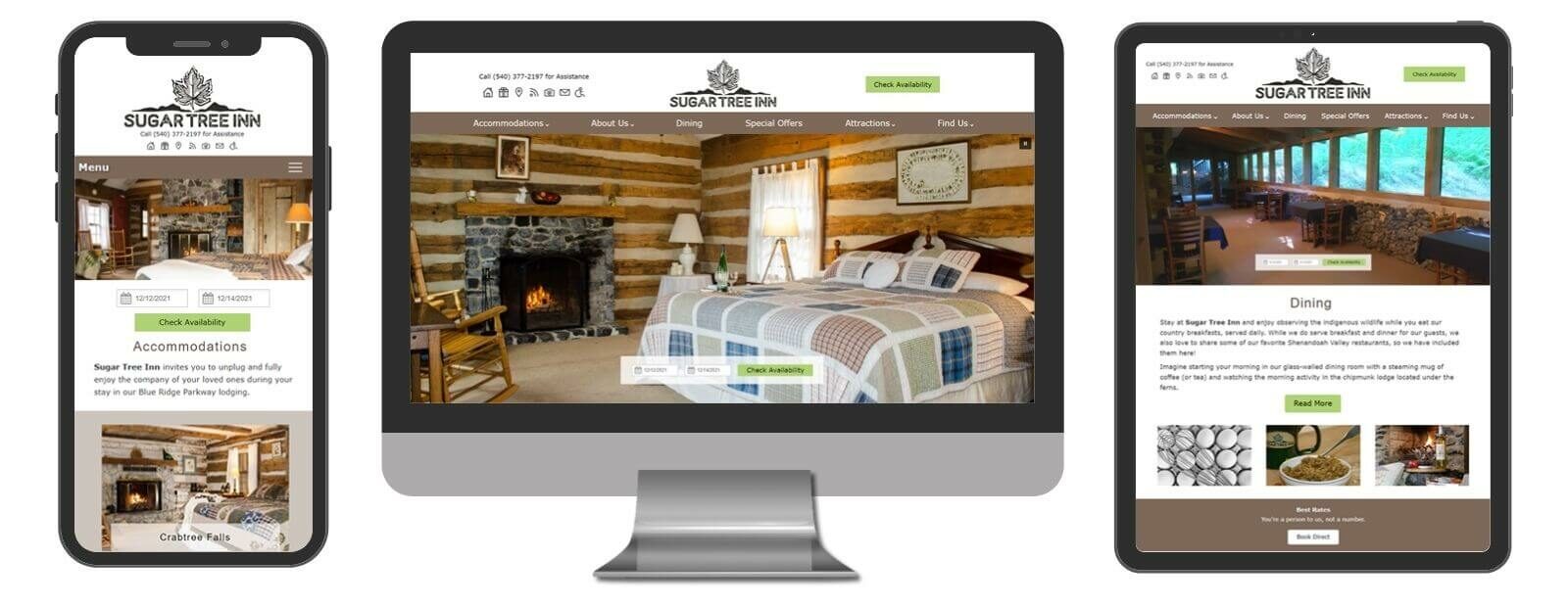 Sugar Tree Inn website displayed in 3 sizes - mobile, template and desktop