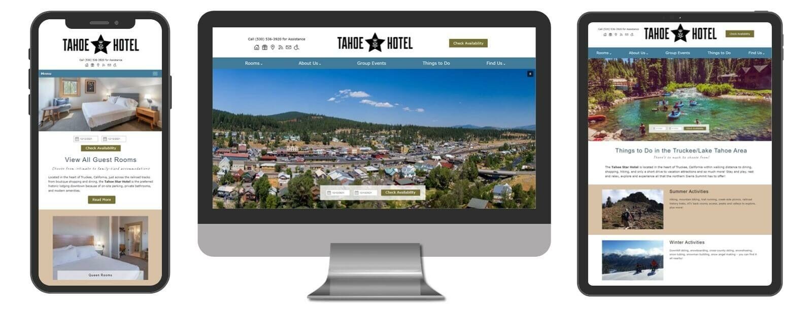 Tahoe Star Hotel website displayed in 3 sizes - mobile, template and desktop