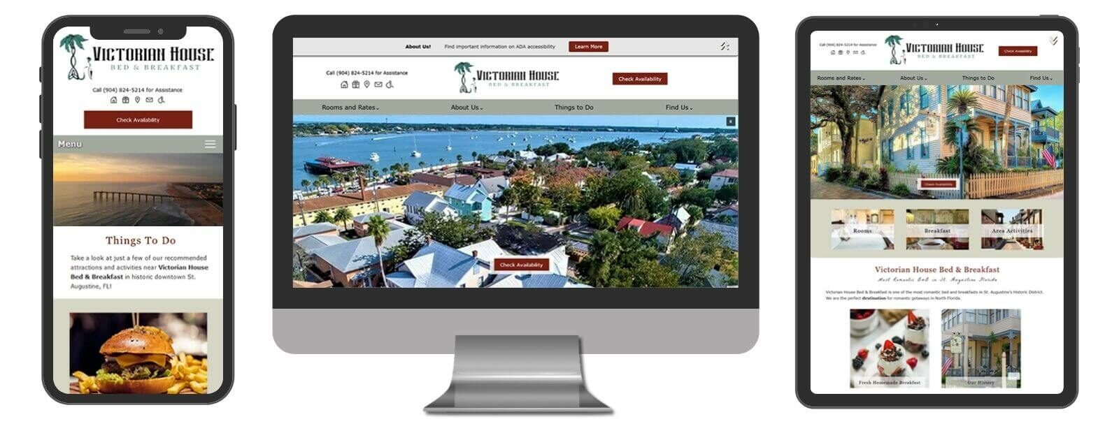 Screenshot of Desktop, Mobile and tablet views of the website for Victorian House Bed & Breakfast