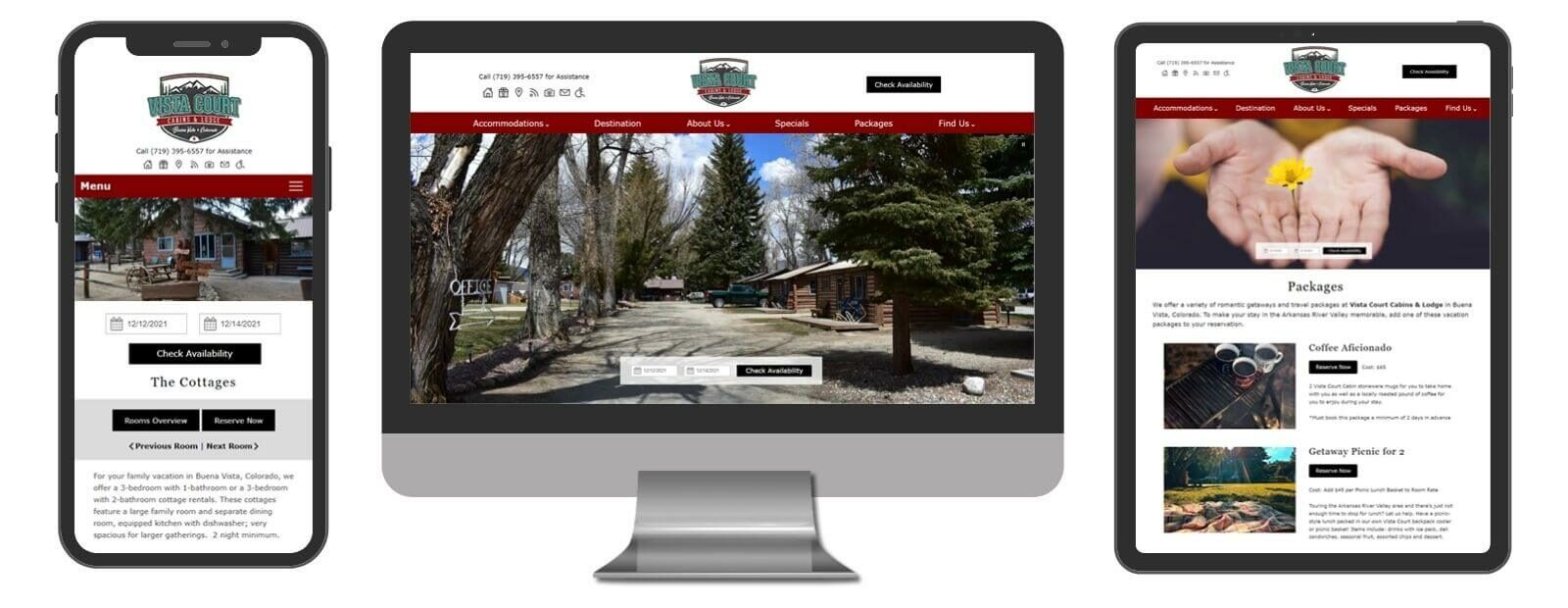 Vista Court Cabins & Lodge website displayed in 3 sizes - mobile, template and desktop