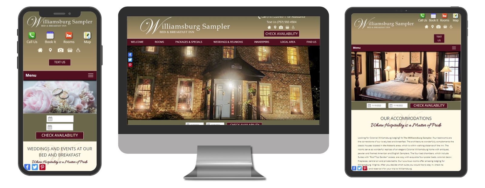 Screenshot of Desktop, Mobile and tablet views of the website for Williamsburg Sampler Bed & Breakfast