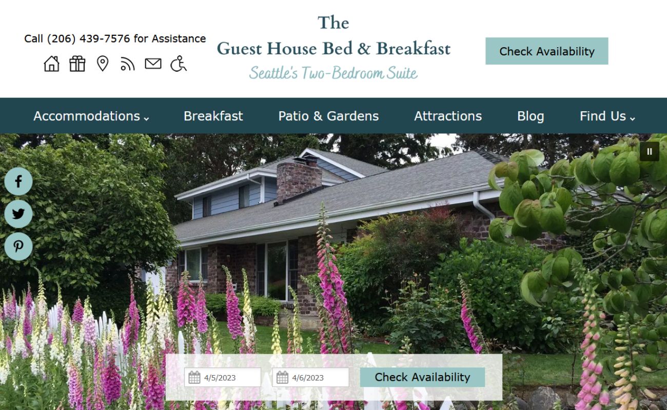 Above the fold screenshot for The Guest House Bed & Breakfast in Burien, WA - Acorn Marketing Standard Design
