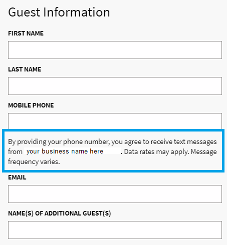 A sample text messaging opt-in message through ThinkReservations booking process. 