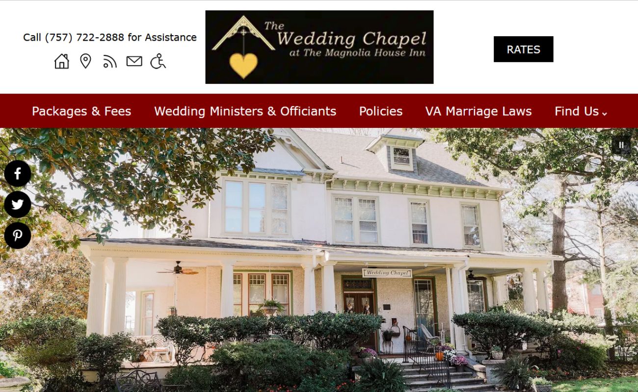Above the fold screenshot for The Wedding Chapel at Magnolia House Inn in Hampton, VA - Acorn Marketing Standard Design