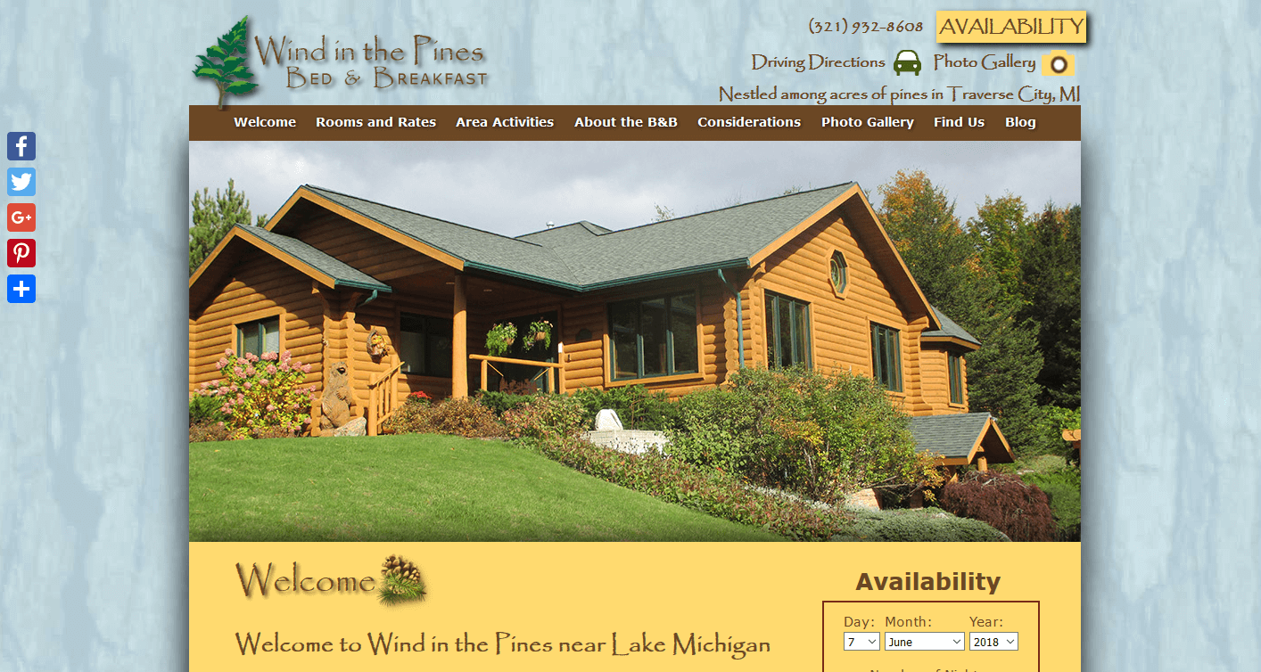 Screenshot of website home page for Wind in the Pines Bed and Breakfast in Traverse City, MI