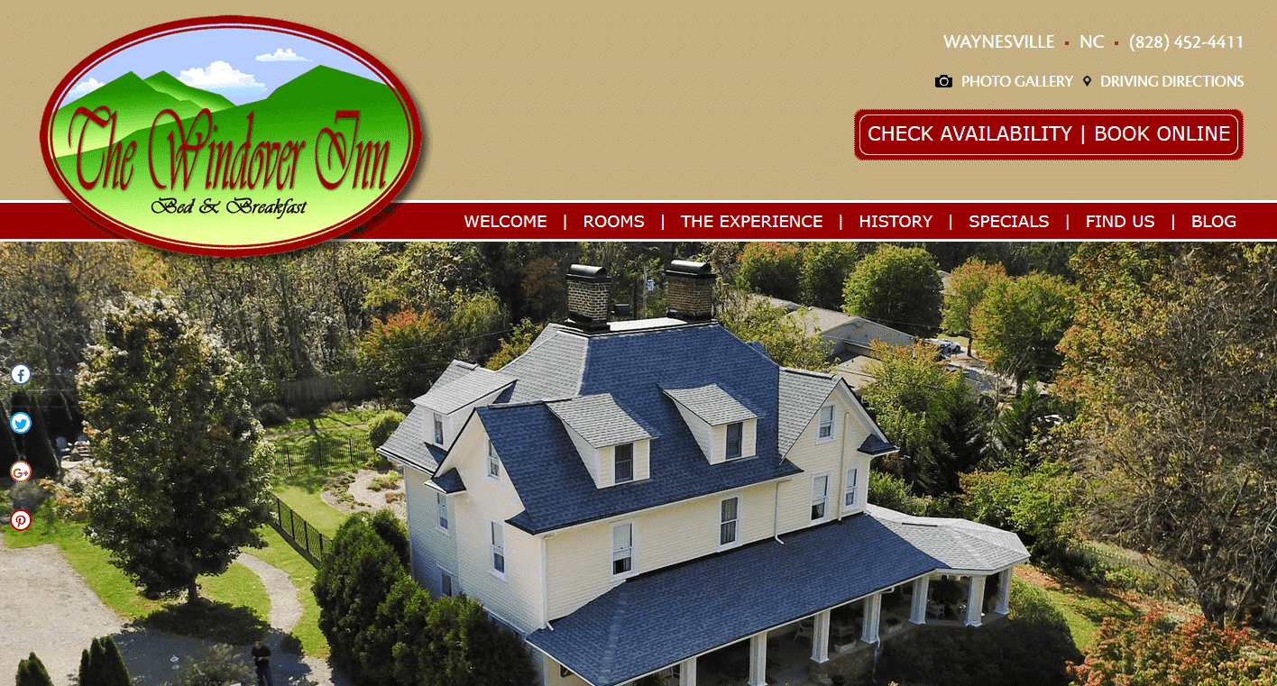 Screenshot of website home page for The Windover Inn Bed & Breakfast in Waynesville, NC